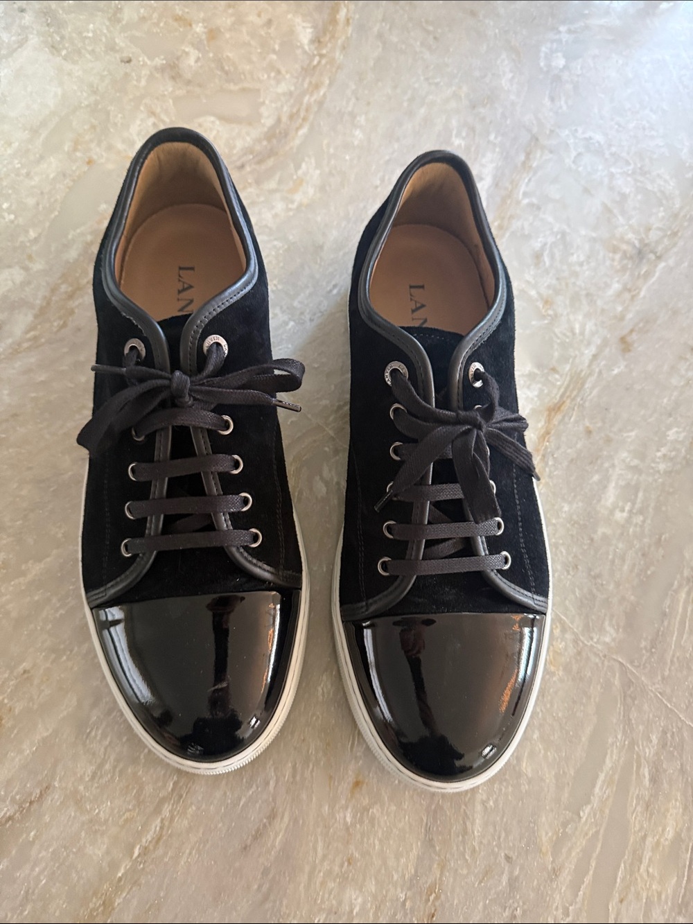 Lanvin Black Suede & Patent Toe Men's Low-Top Sneakers